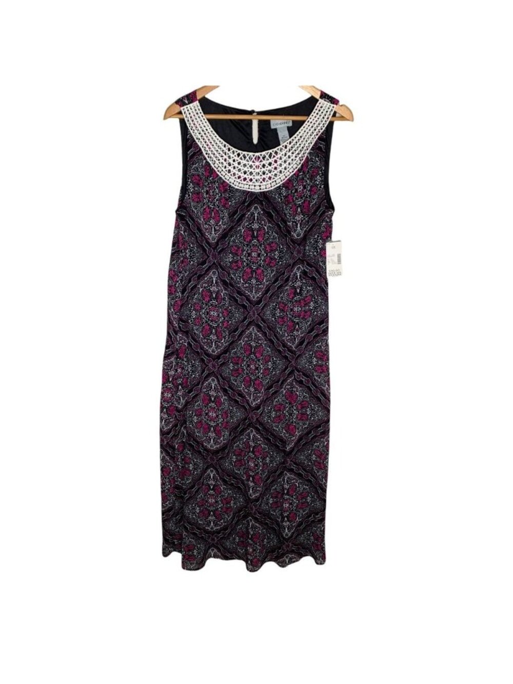 Catherines Maxi Dress 1X 14W Black Pink Floral Sleeveless Crochet